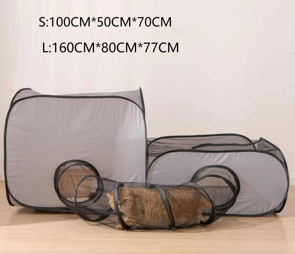 Square Gray Cats Hard Oxford Cloth with a Play Tunnel Foldable Pets Nest