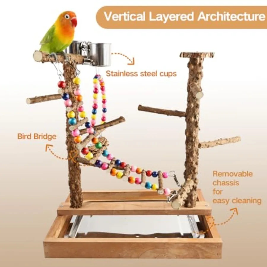 Bird Perch Play Stand Playground, Toys, Bird Cage Accessories, Natural Wood