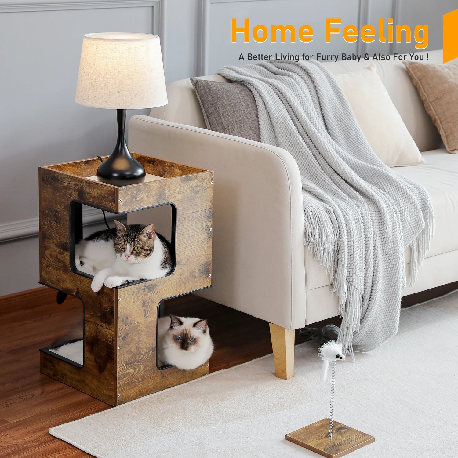 Wood Cat Condo House Bed with Removable Soft Mats Modern Cat Tree Tower with Scratching Pad Cat Scratcher Furniture