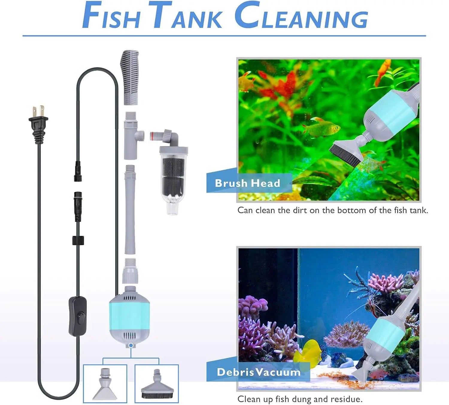 5-in-1 Electric Aquarium Gravel Cleaner, Automatic Fish Tank Vacuum, Water Changer, Sand Washer and Filter Siphon