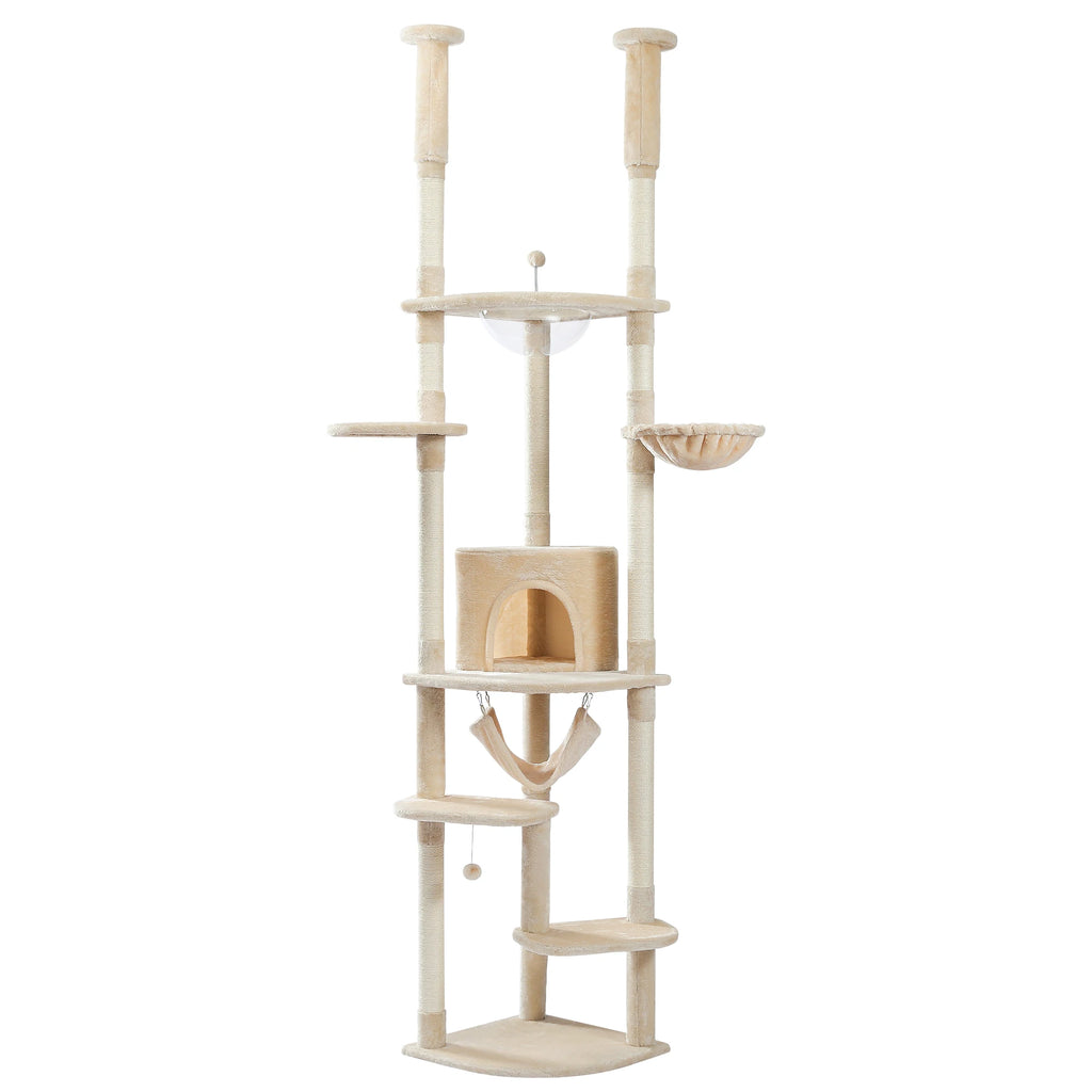 Floor to Ceiling Cat Tree Adjustable Climbing Play House with Scratching Posts Cozy Condo Perches Hammock