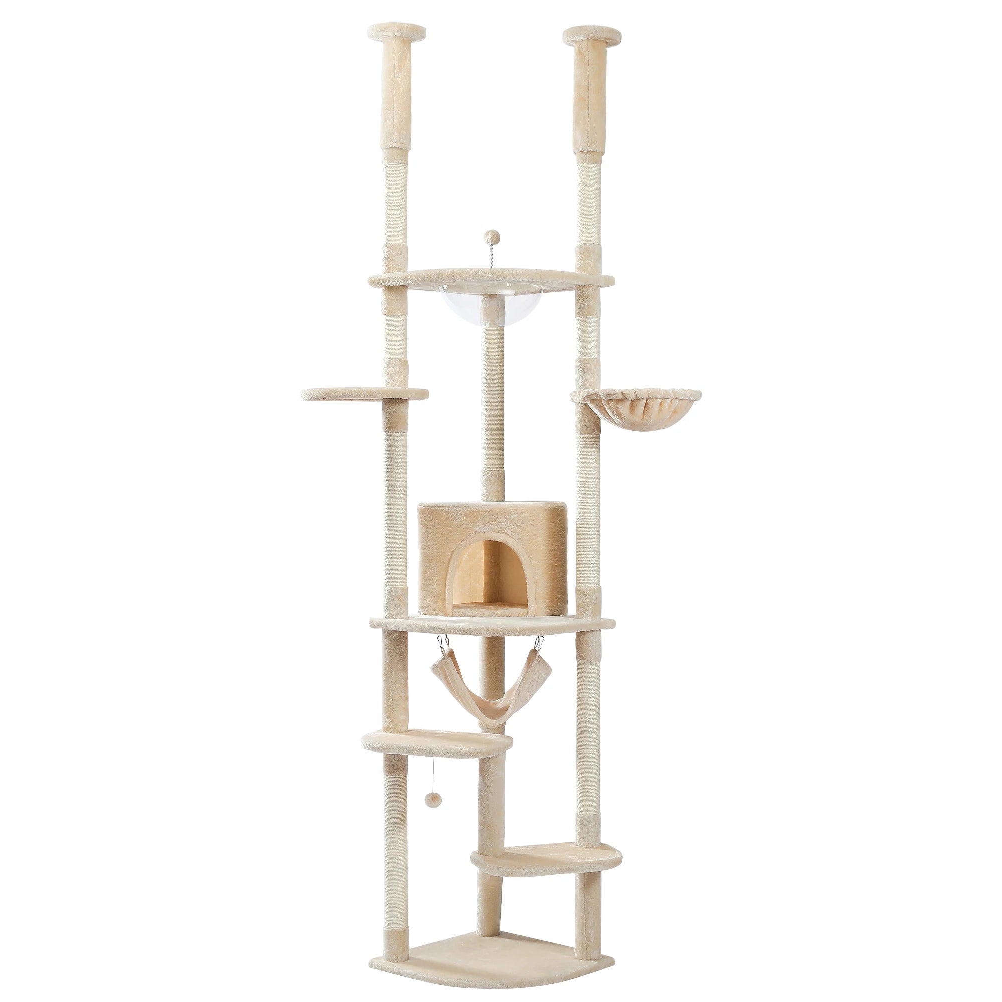 Floor to Ceiling Cat Tree Adjustable Climbing Play House with Scratching Posts Cozy Condo Perches Hammock
