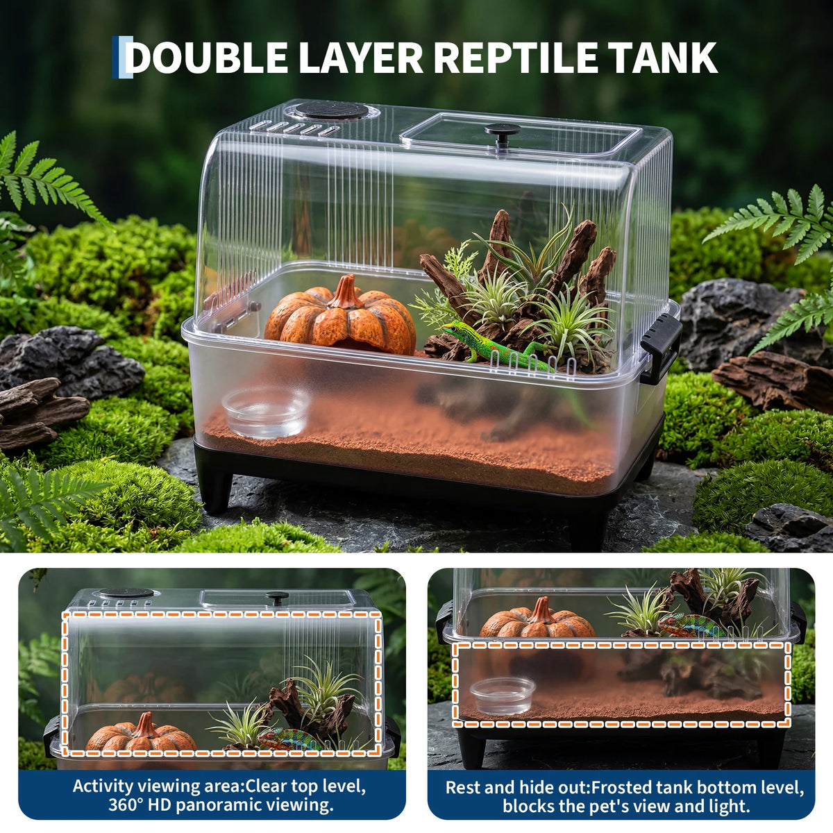 Reptile Tank Starter Kit, Reptile Terrarium Kit, Acrylic Small Reptile Habitat with Lid, Heating Pad, Hygrometer, Bowl, Hide, Sand for Reptiles, Tarantula, Lizards, Frogs, Geckos or Hermit Crabs