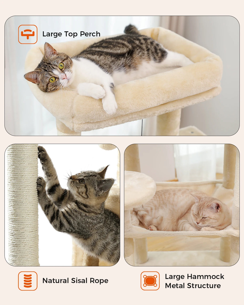 Cat Tree for Indoor Cats 5-Level for Large Cats with Large Hammock Sisal Covered Scratching Posts Cozy Condo Top Perch