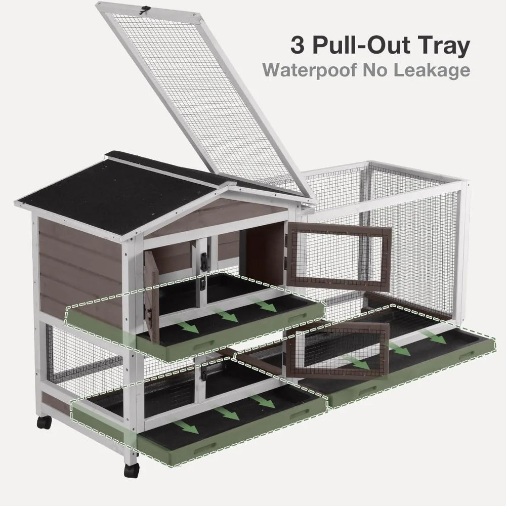 2-Story Indoor/Outdoor Rabbit Guinea Pigs Hutch Chew-Proof with 6 Locking Casters 2 Pull-Out Trays