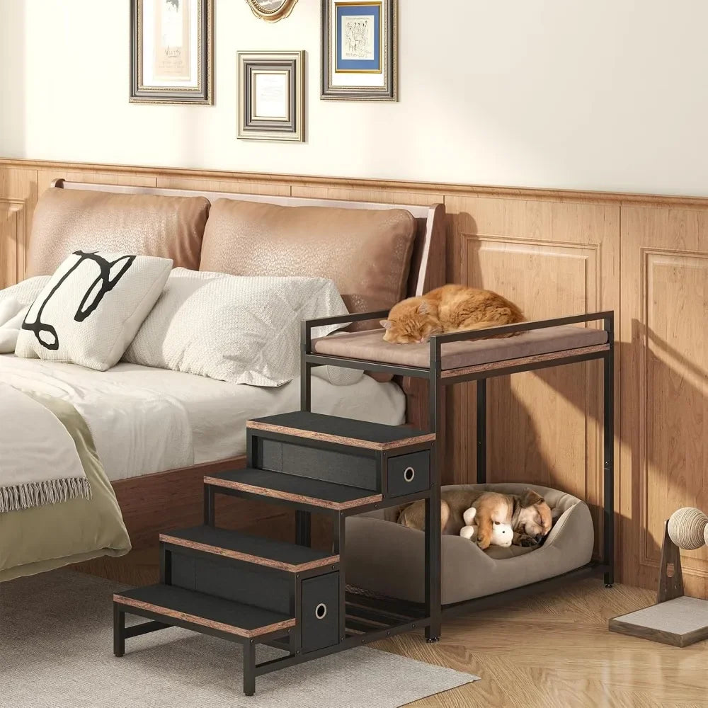 Pet Bunk Bed with Removable Stairs and 2 Drawers, Dogs/Cats Window Perch, Window Seat with Soft Cushion, Ultra-Shallow Steps