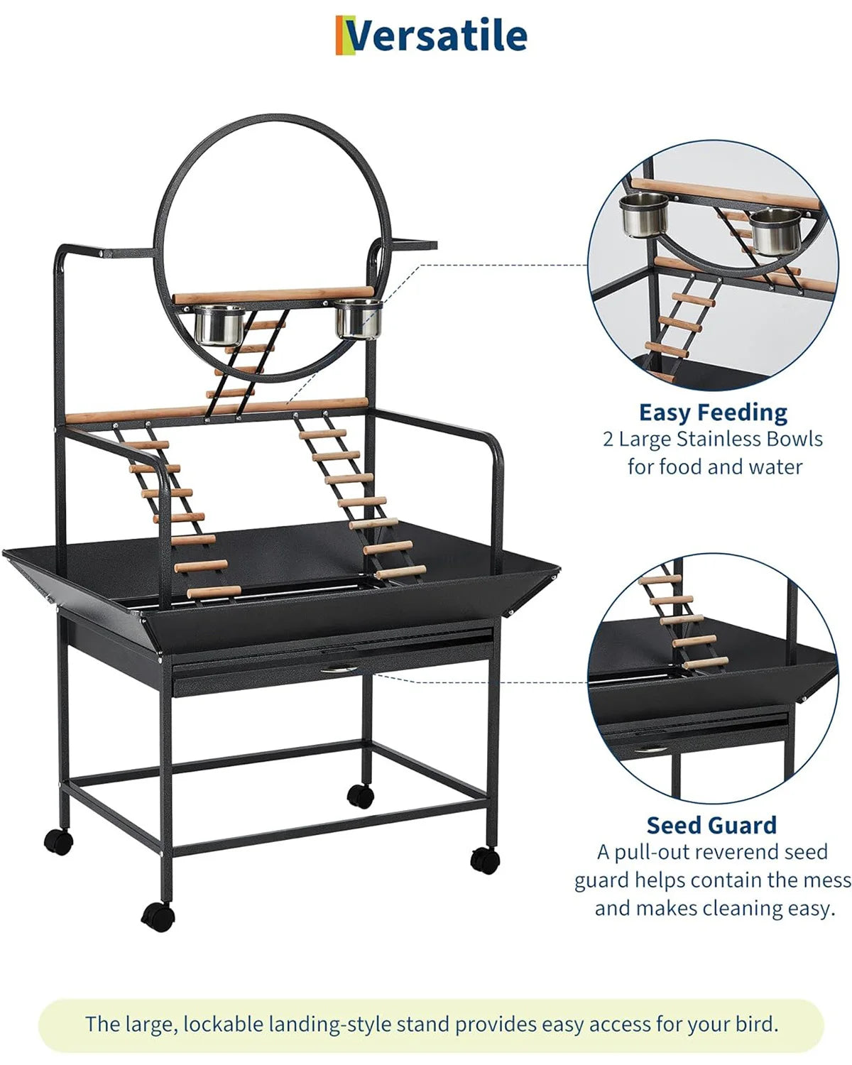 Extra Tall 66'' Bird Play Stand Heavy-Duty Metal Activity Center With Lockable Wheels Removable Tray & Toy Hooks