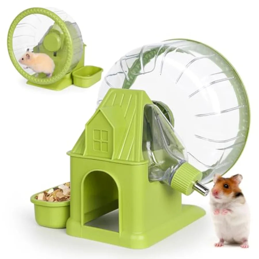 4 in 1 Quiet Hamster Exercise Wheel, Multi Functional Hamster House with Running Wheel, Water Bottle, Food Bowl and Hideout