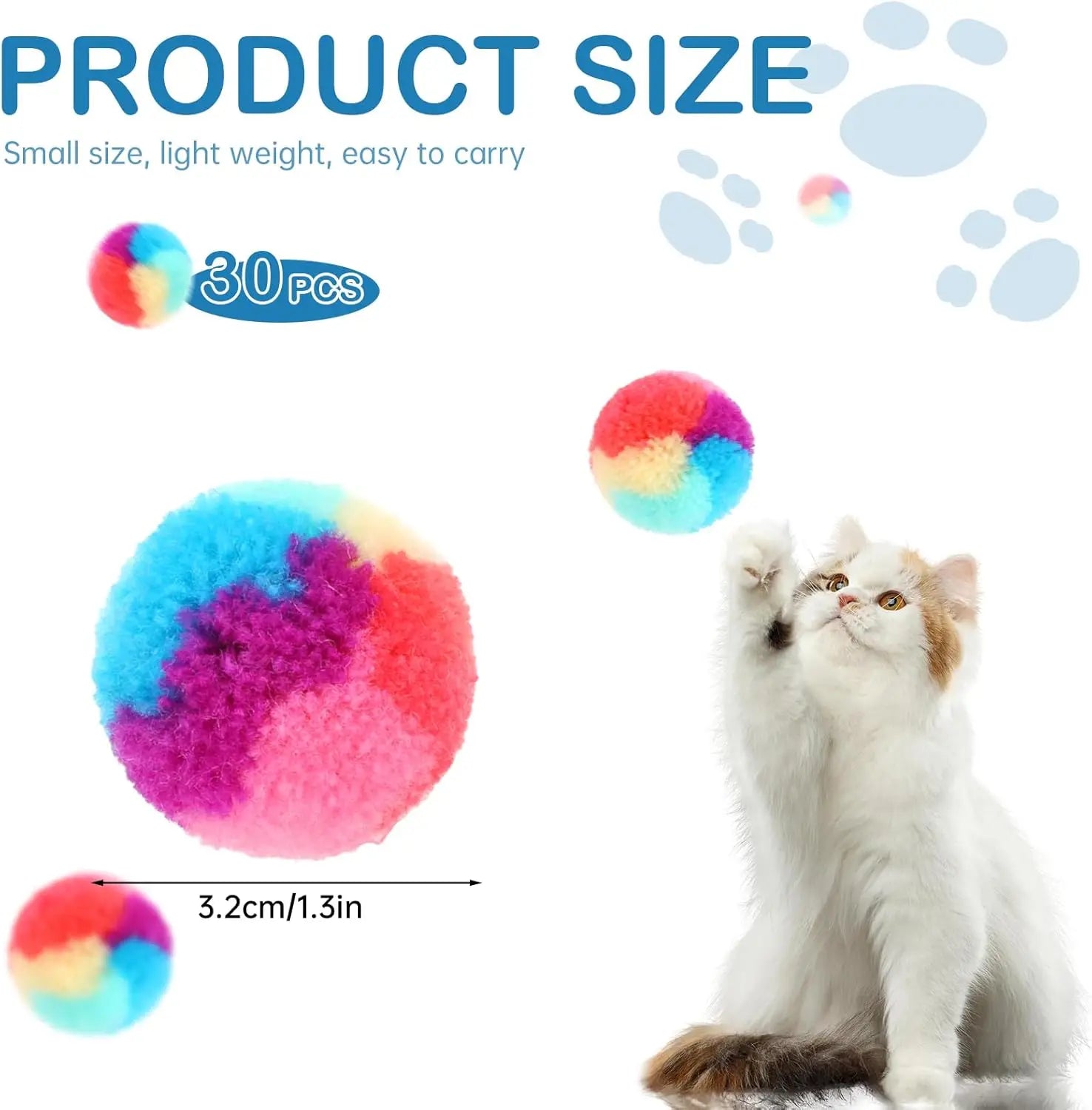 30 Pcs Soft Plush Cat Toy Balls, Rainbow Colors, 1.2-inch for Pet Play and Exercise
