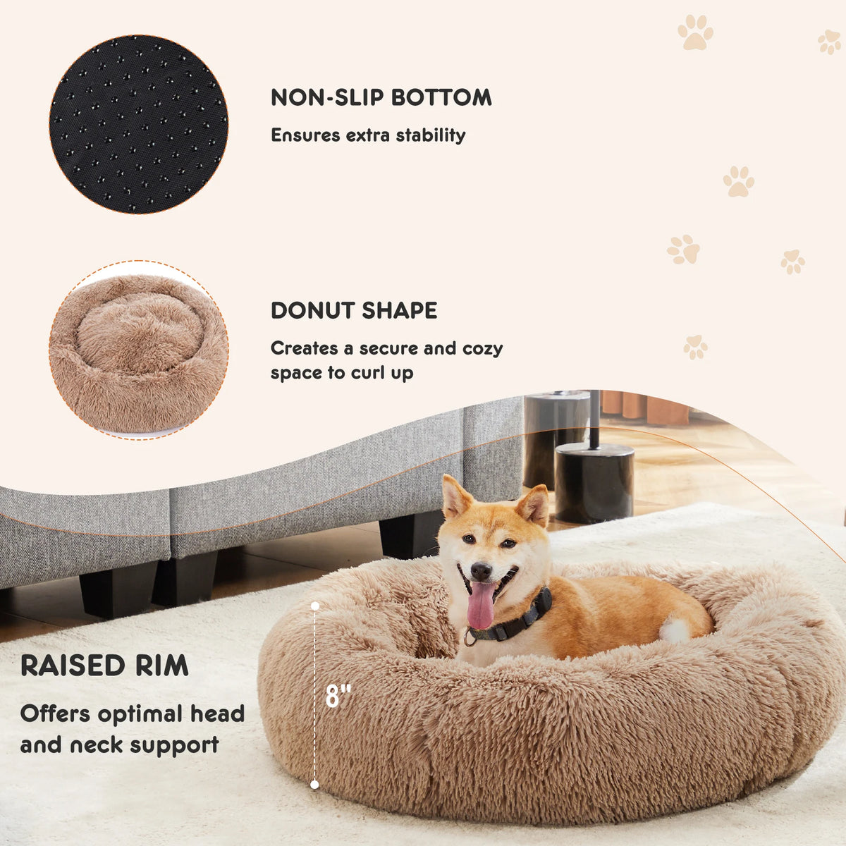 Calming Dog Bed for Medium to Large Dogs Washable Large Pet Bed Anti-Slip Round Fluffy Plush Faux Fur