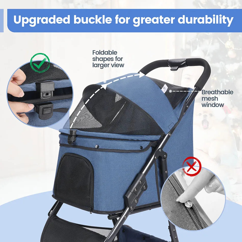 Pet Stroller Bag Foldable Collapsible Stroller for Small Dogs Cat ,3 Wheels