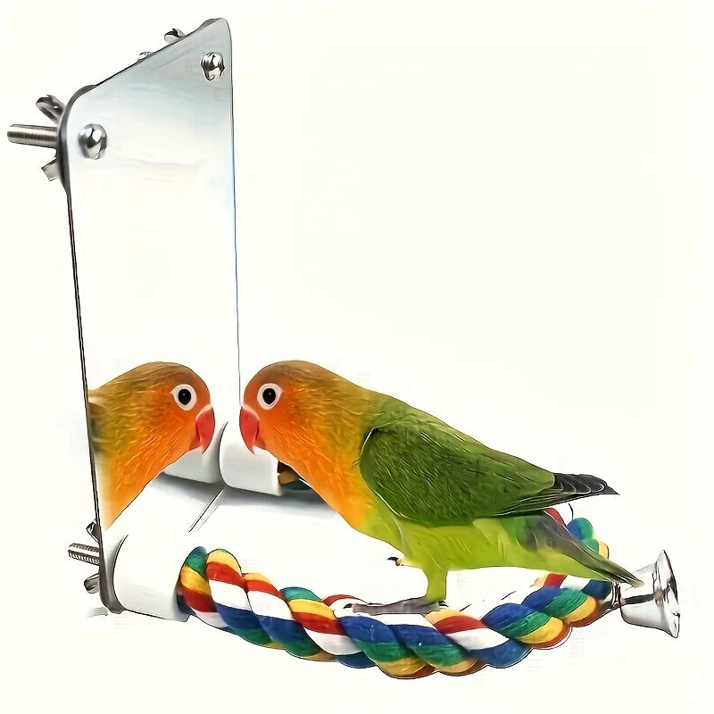 Interactive parrot mirror toy with chewable rope for cages