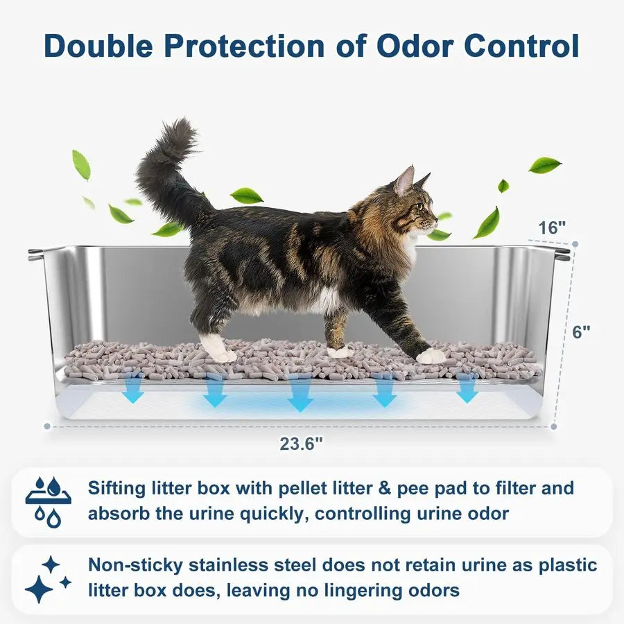 Enclosed Stainless Steel Litter Box with Lid, XL Sifting Litter Box for Pine Pellets, High Sides