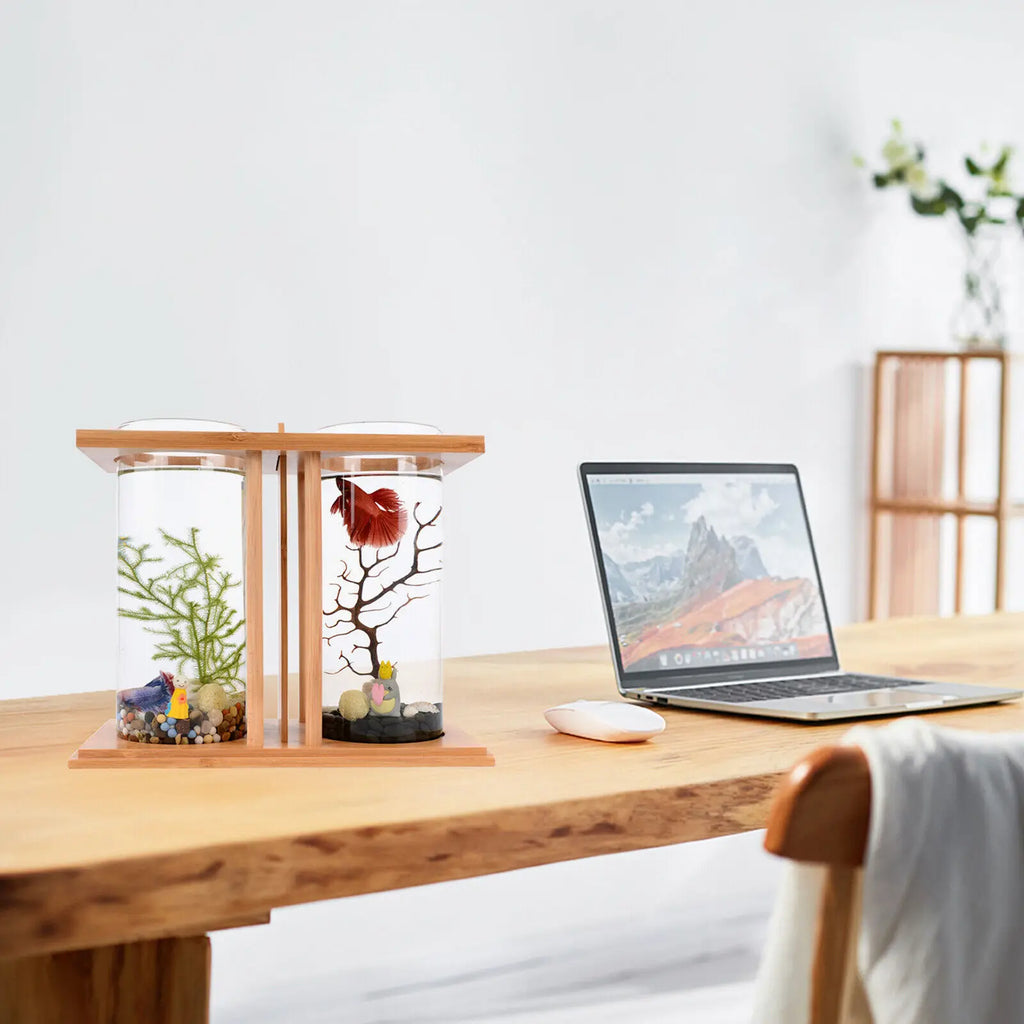 2 Tanks Glass Betta Fish Tank with LED Light Bamboo Base Mini Aquarium Set