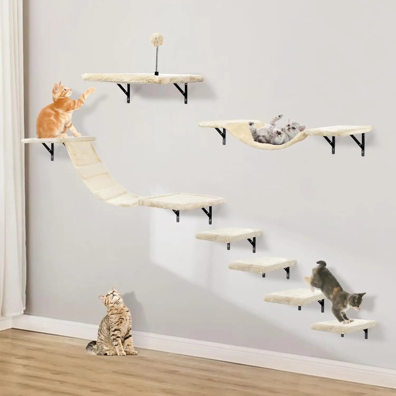 Wall-Mounted Cat Climber Set with Shelves, Perches, Bridge, Hammock & Scratching Board - 7 Pcs Wood Indoor Furniture