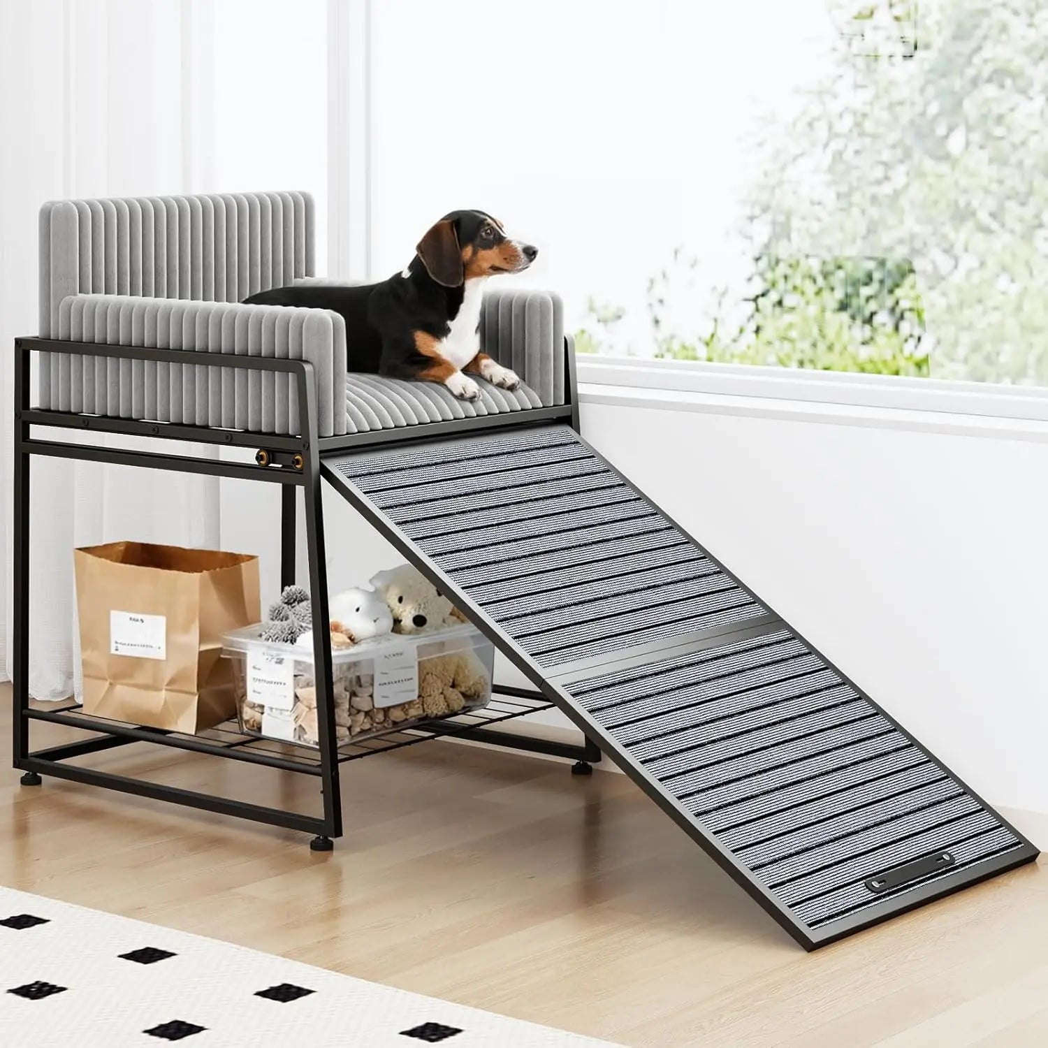 Pet Stairs Ramp with Seat, Dog Window Perch with Stairs, Ramp, Storage and Steps