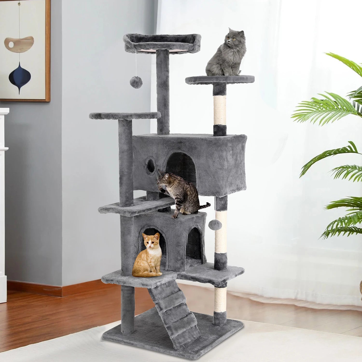 Cat Tree 54/70 Inch with Sisal-Covered Scratching Posts Dangling Ball for Cats to Play and Sleep