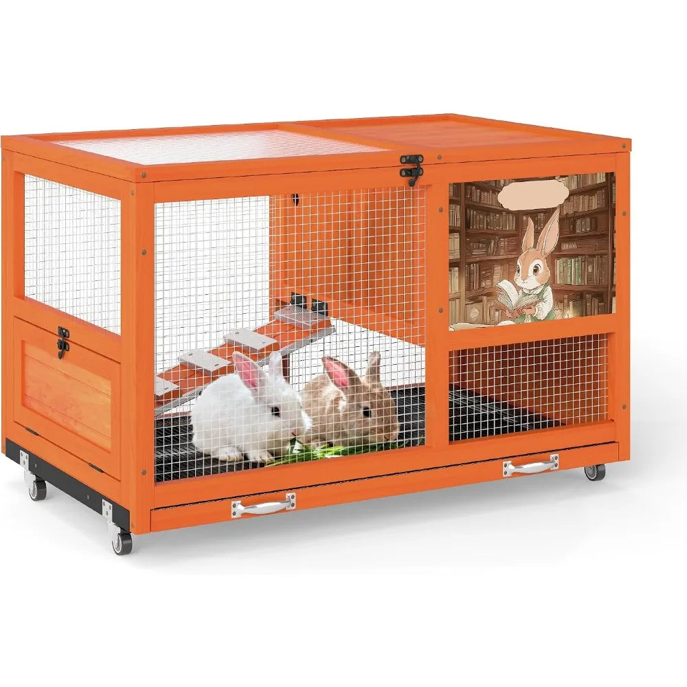 36.5-Inch Double-Decker Wooden Rabbit Small Animal Hutch with Wheels Indoor-Outdoor