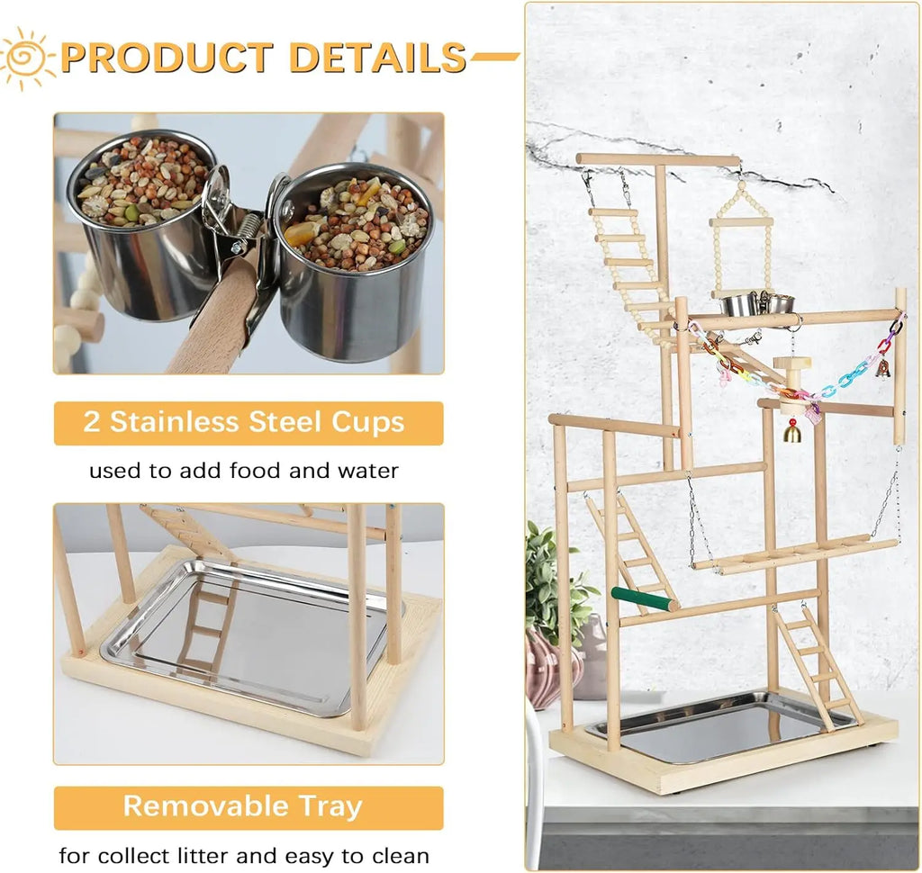 4-Layer Wooden Bird Playstand with Feeder Cups and Bells