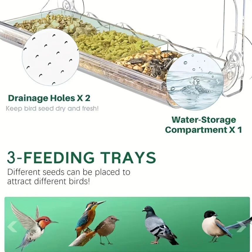 Indestructible Large Window Bird Feeder with Removable Seed & Water Tray, with 4 Super Strong Adhesive Hooks