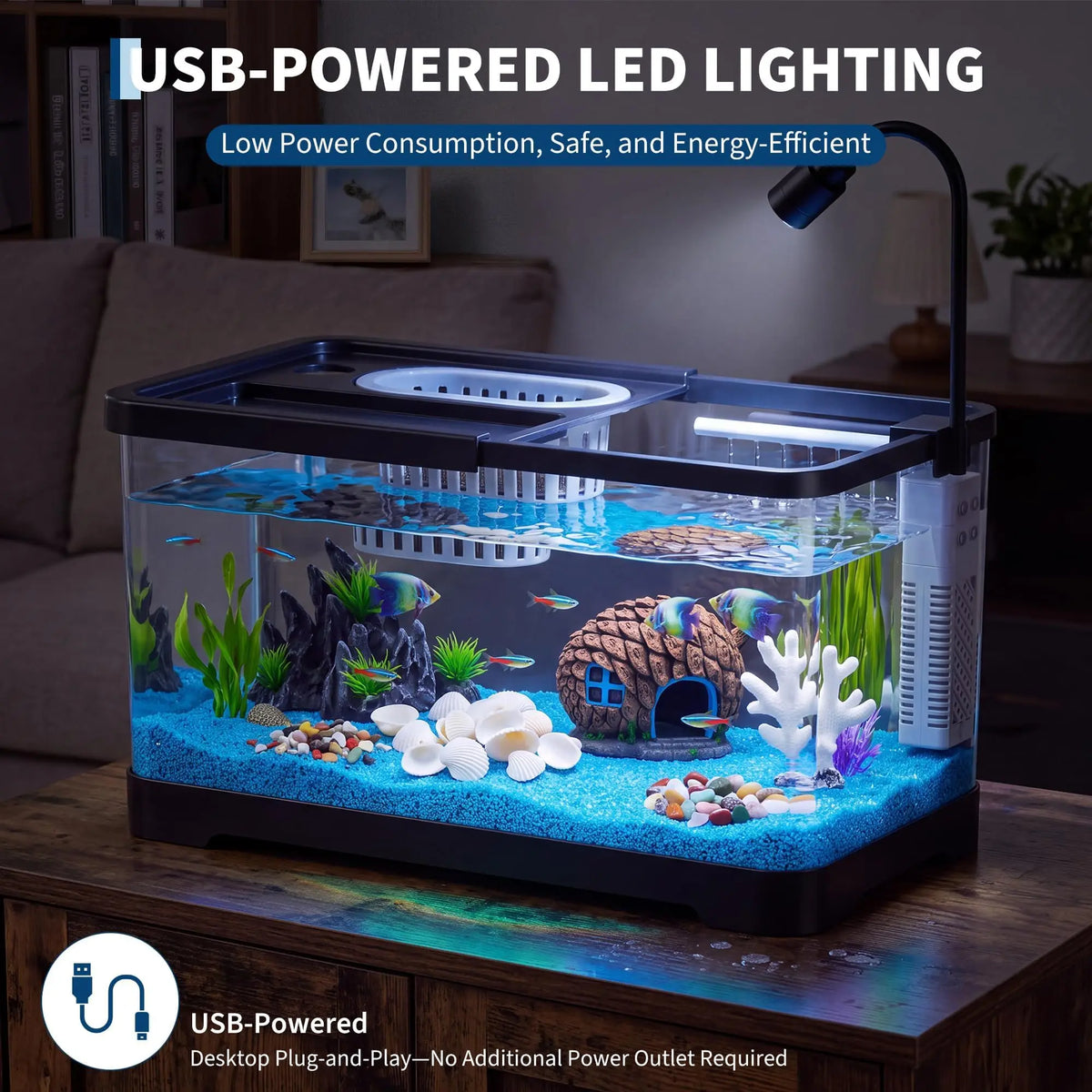 Fish Tank Starter Kit With Filter And Light Plastic Fish Tank For Goldfish Shrimp Betta Hermit Crab