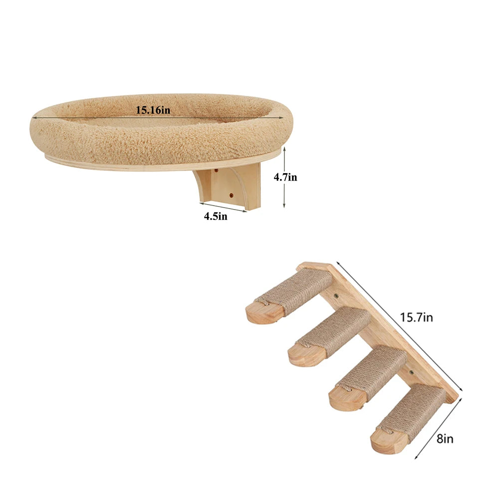 Indoor Cat Wall Mounted Solid Wooden Furniture Climbing Ladder Hammock with Scratching Post for Activity