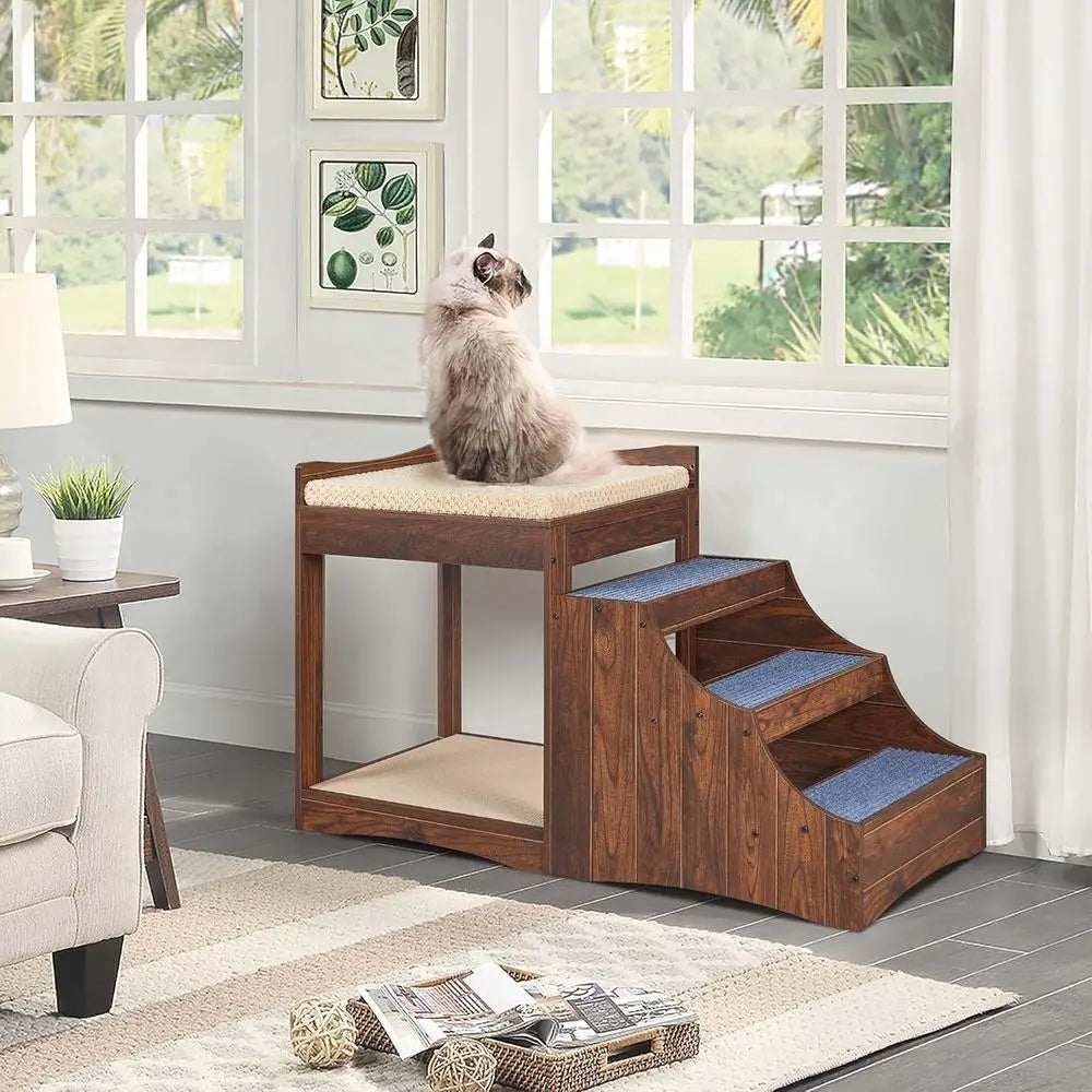Pet Bunk Bed with Removable Step for Dogs and Cats, Multi-Level Bed Window Perch Seat Platform with Cushion and Cat Scratch Pad