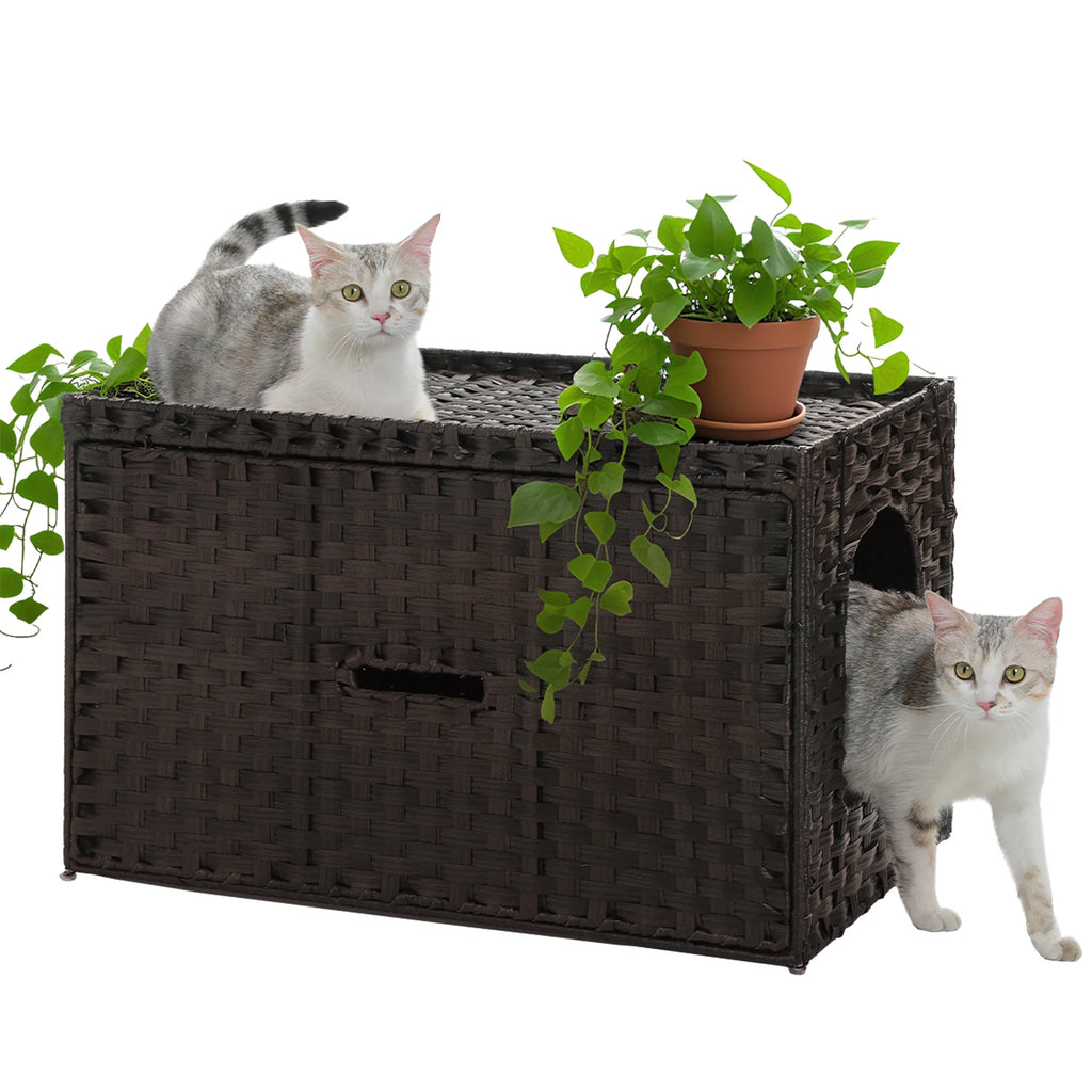 Rattan Cat Litter Box Enclosure Furniture with Door, Handwoven Rattan Hidden Litter Box