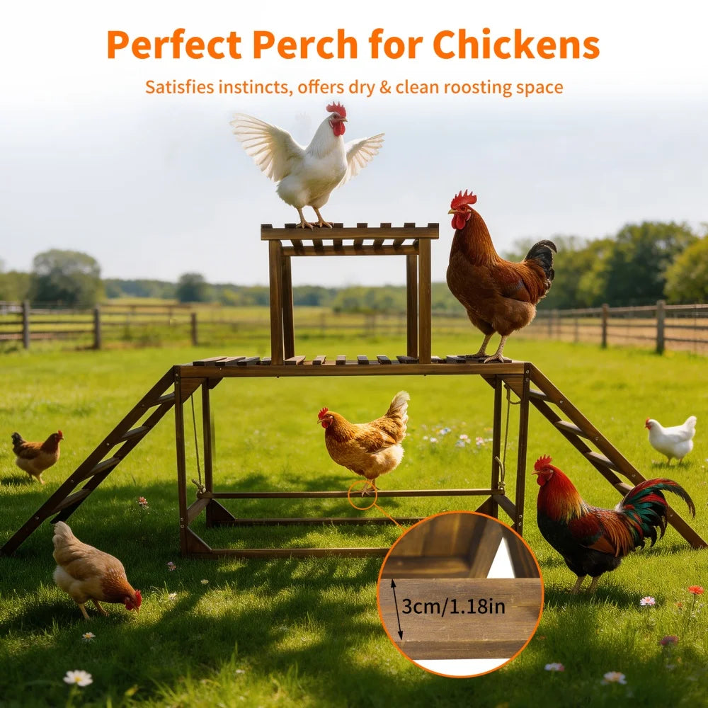 Solid Wood Chicken Perch Coop with Swing Ladder Platform Roosting Bar