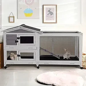 2-Story Indoor/Outdoor Rabbit Guinea Pigs Hutch Chew-Proof with 6 Locking Casters 2 Pull-Out Trays