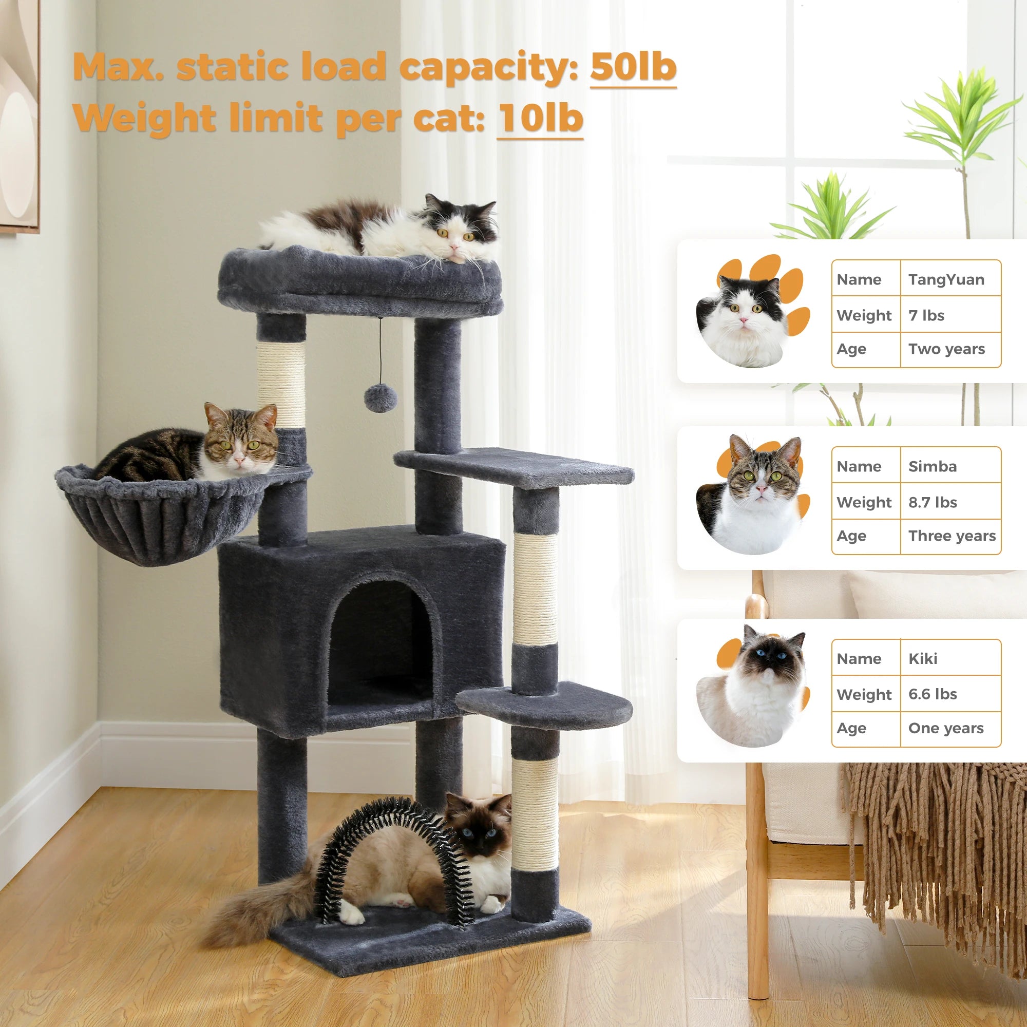 Cat Tree Condo for Indoor with Padded Plush Perch Cozy Hammock and Sisal Scratching Posts