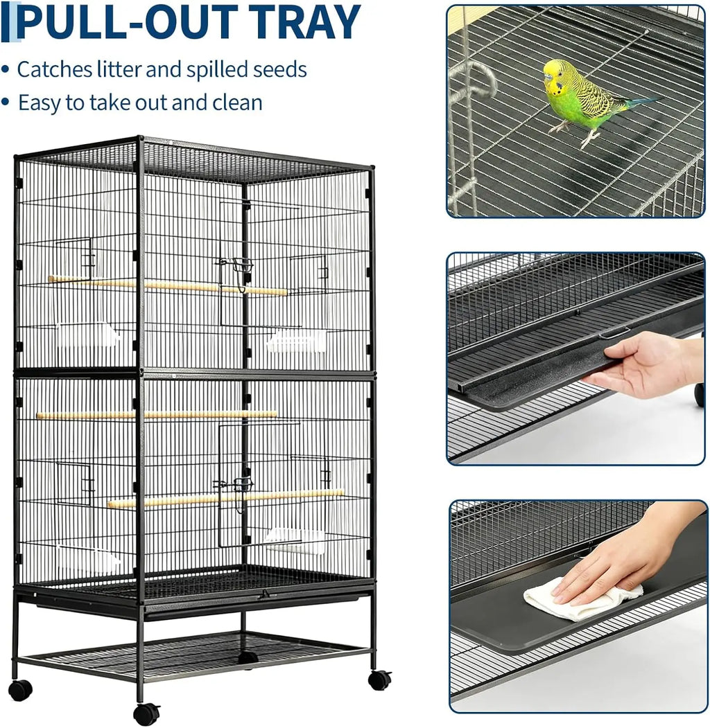 61" H Large Bird Cage with Rolling Wheels Storage Stands, Feed Bowls, Wide Tall