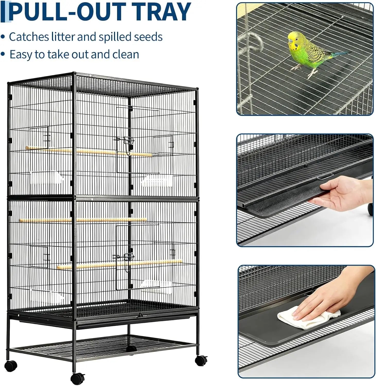 61" H Large Bird Cage with Rolling Wheels Storage Stands, Feed Bowls, Wide Tall