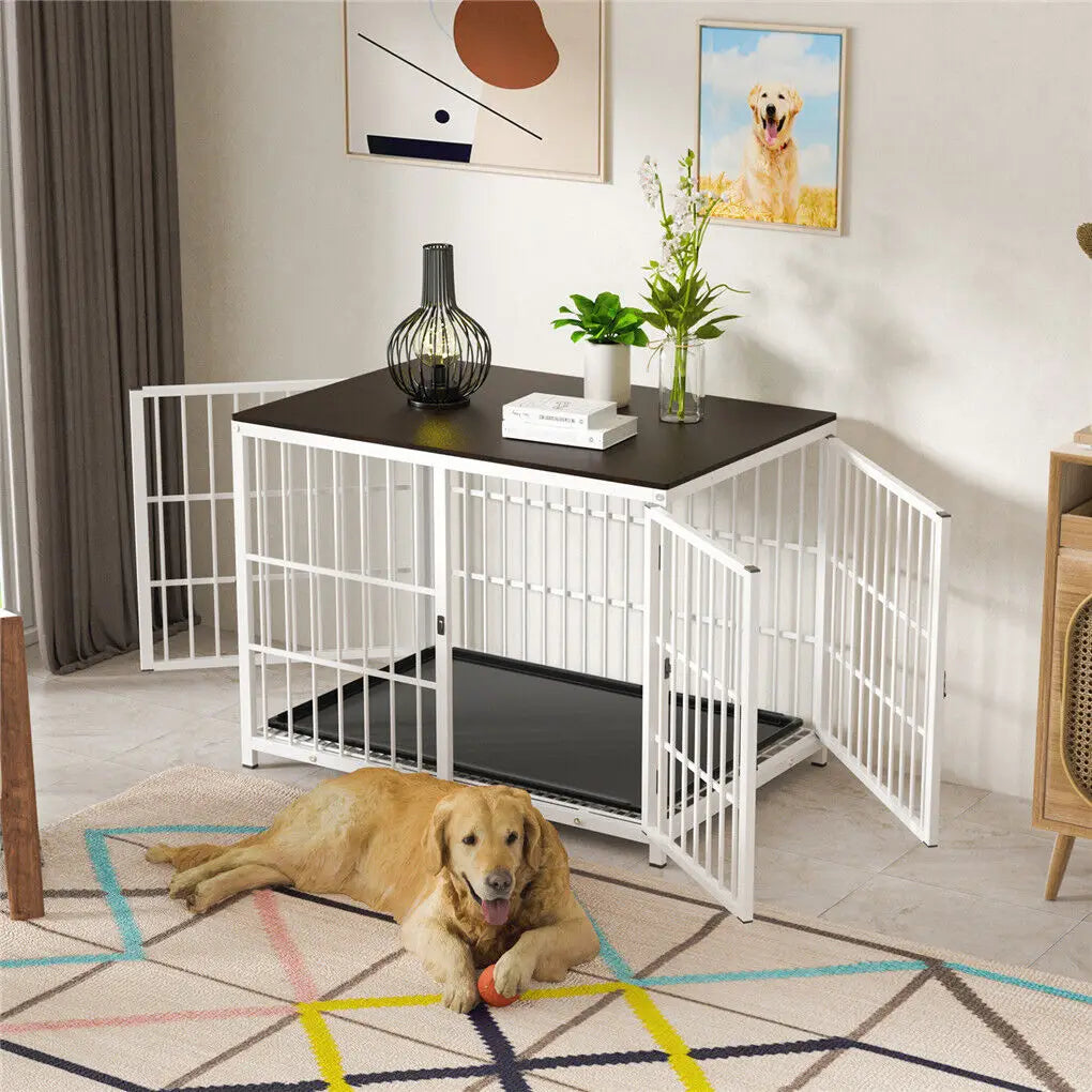 Heavy Duty Dog Kennel Metal Wooden End Table Furniture Style with Three Doors and Removable Tray