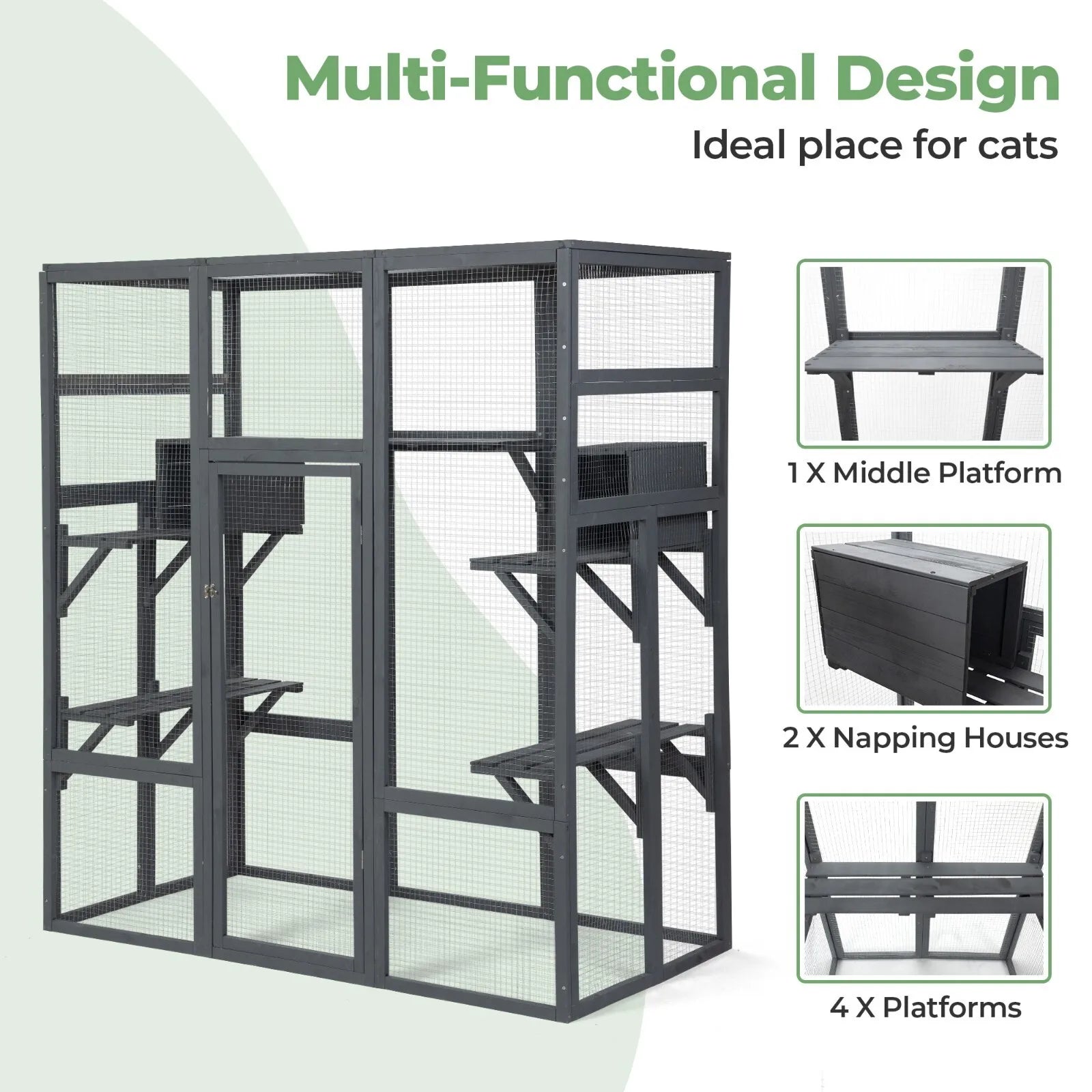 70'' Large Catio Outdoor/Indoor Cat Enclosure Cat House with 7 Platforms, 2 Resting Box