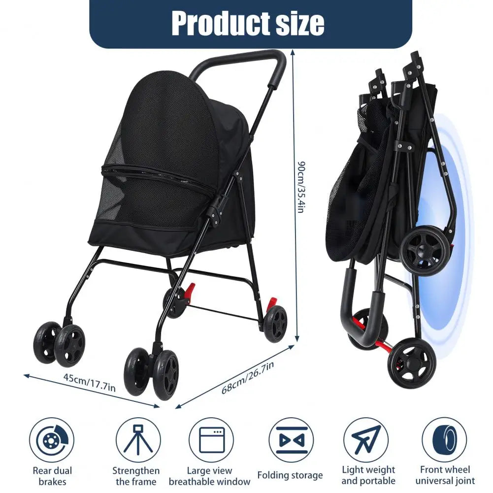 Pet Stroller For Small Dogs, Foldable With Sunshade And Four Wheels, Breathable Mesh For Visibility