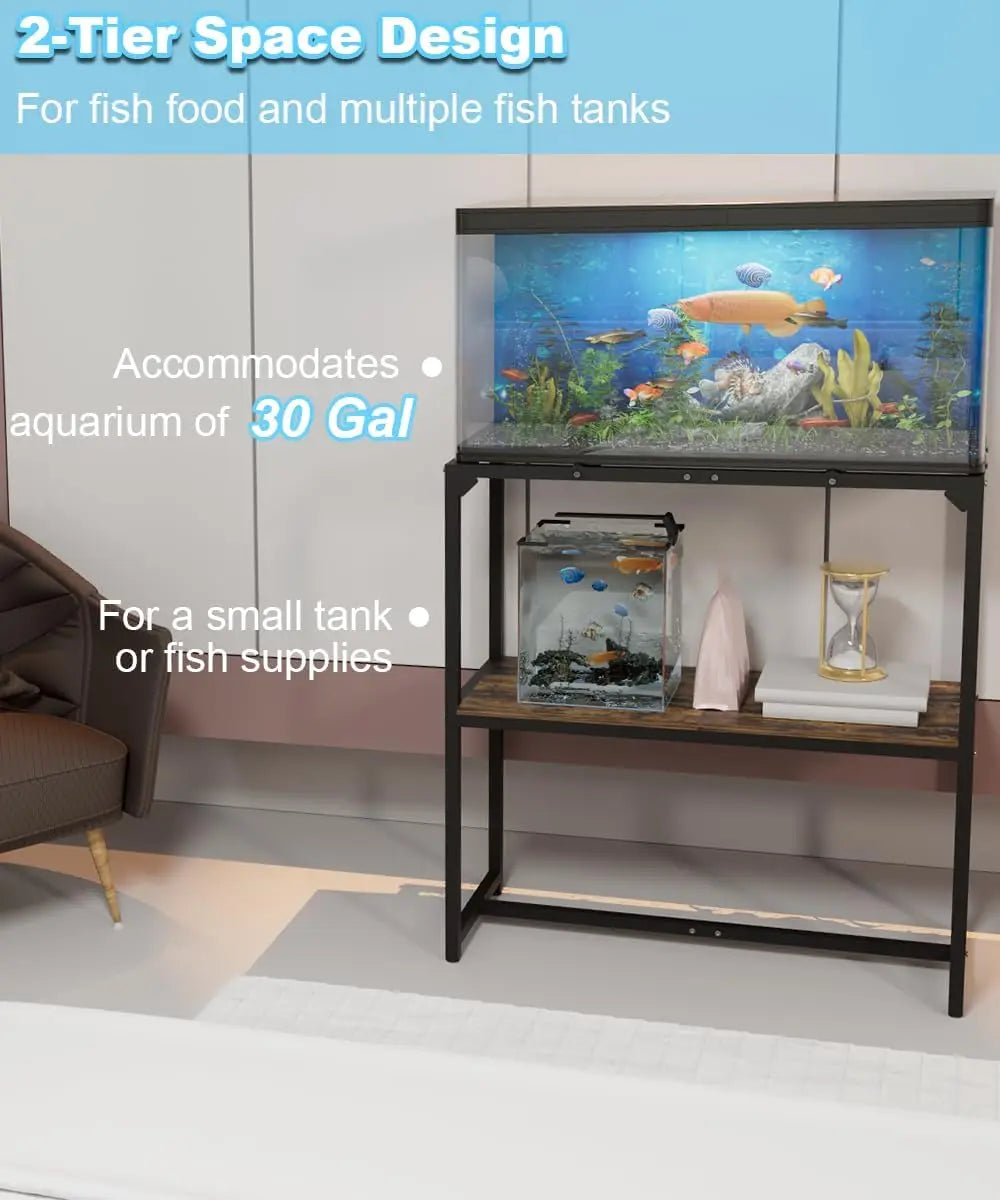 30 Gallon Aquarium Stand with 2-Tier Storage Shelf, Metal Fish Tank Table for Reptile Terrarium, Black