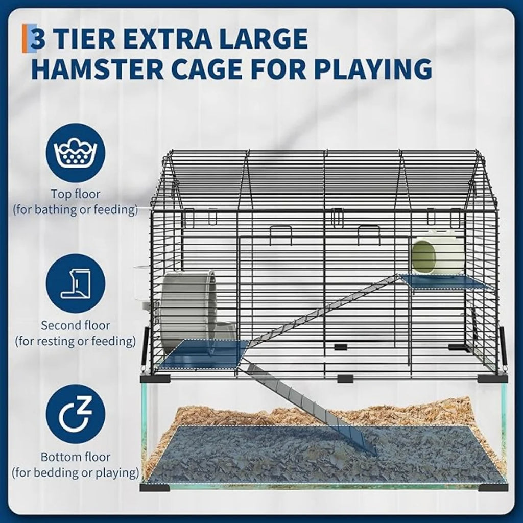 3 Tiers Large Enclosure, Metal Enclosure + Glass Small Animal Cage