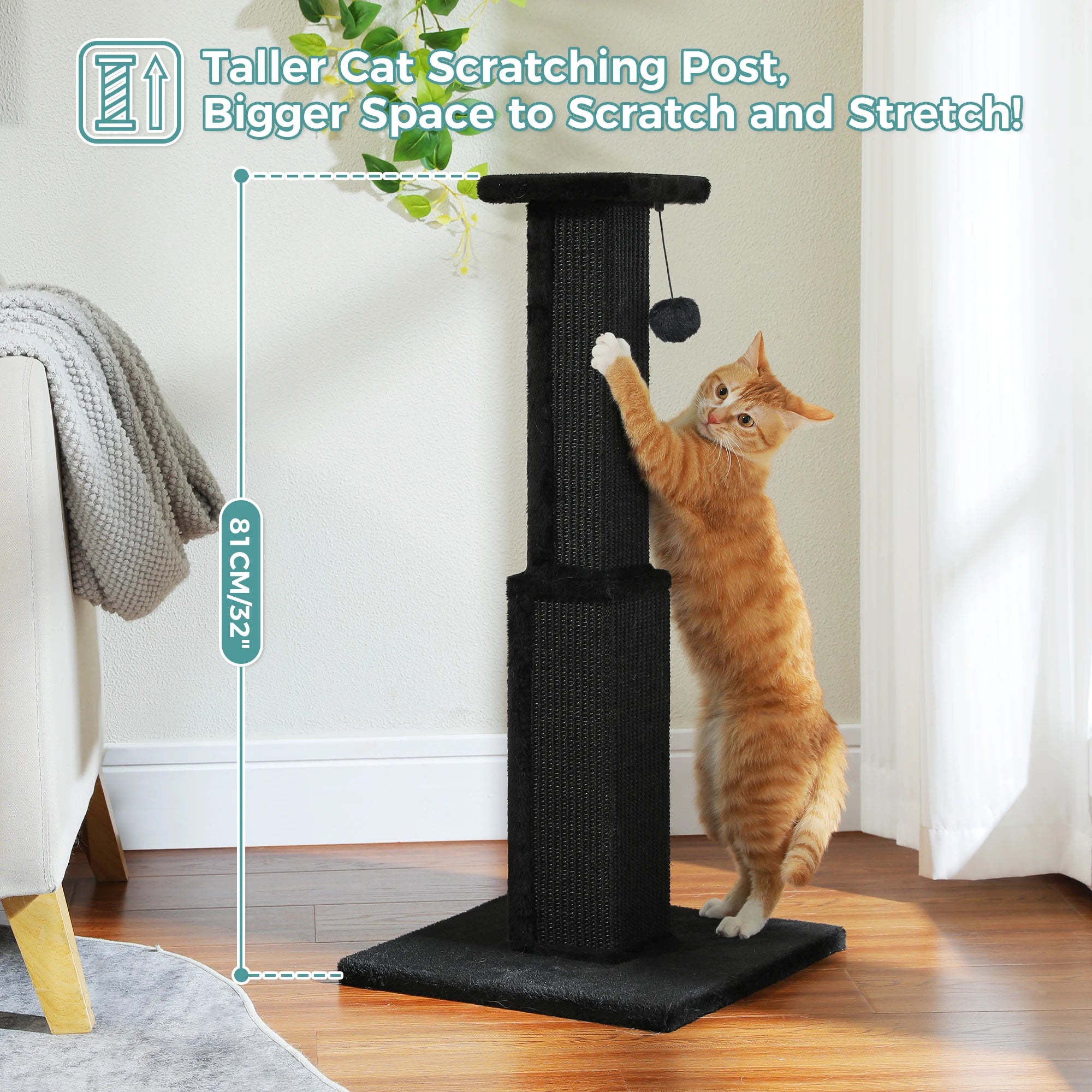Large Cat Scratching Post for Indoor Cats with Woven Sisal Dangling Ball Tall Cat Scratcher