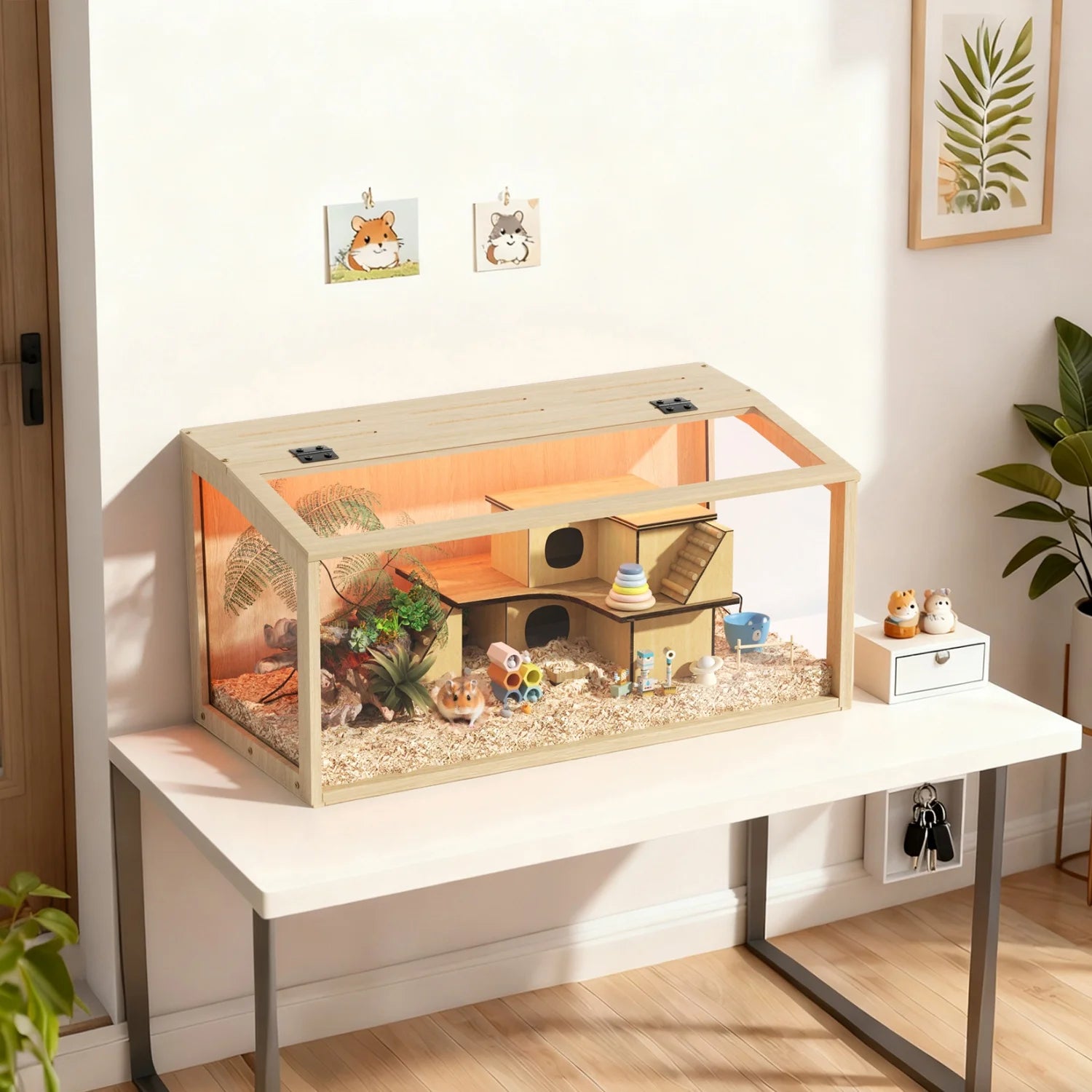60/80CM Hamster Cage Wooden Habitat House Tempered Glass Panels Built-in LED Light
