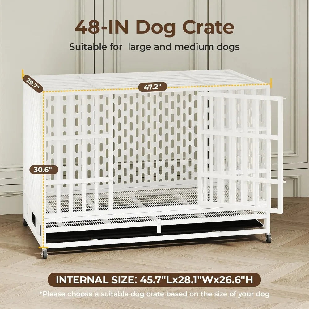 Rugged 48 Inch Steel Dog Crate for Indoor Use - Double Door, Wheeled, for High Anxiety Dogs