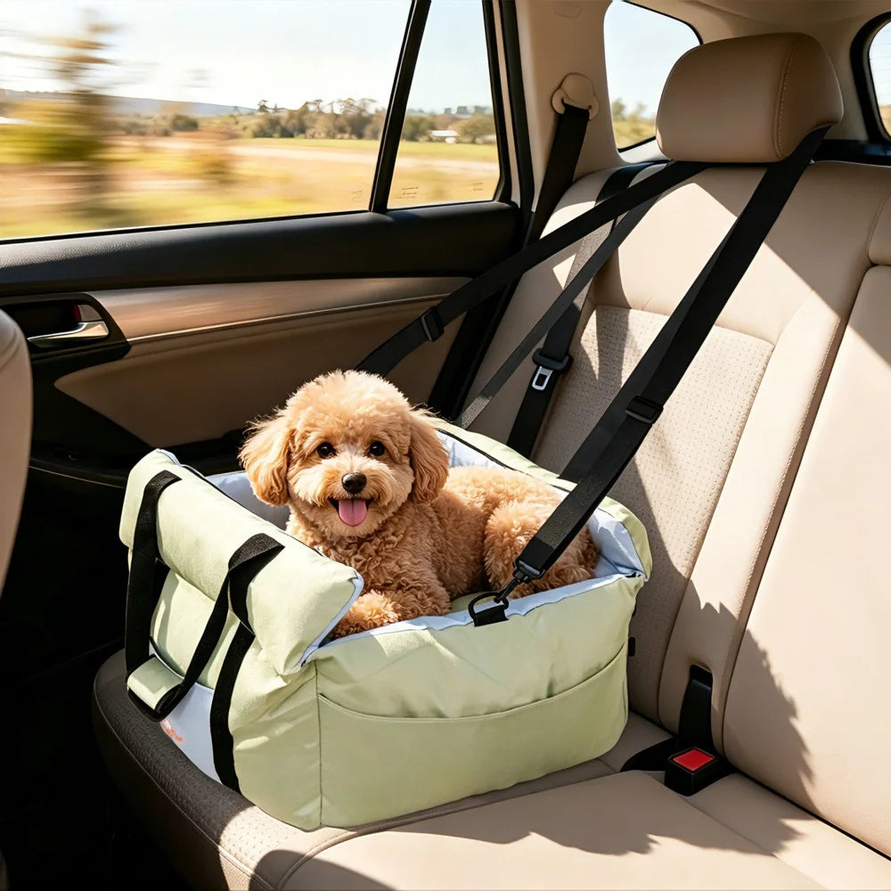 Portable Dog Car Seat Pet Booster Seat Travel Carrier Bed with Safety Belt Storage Pocket Removable Washable Cover
