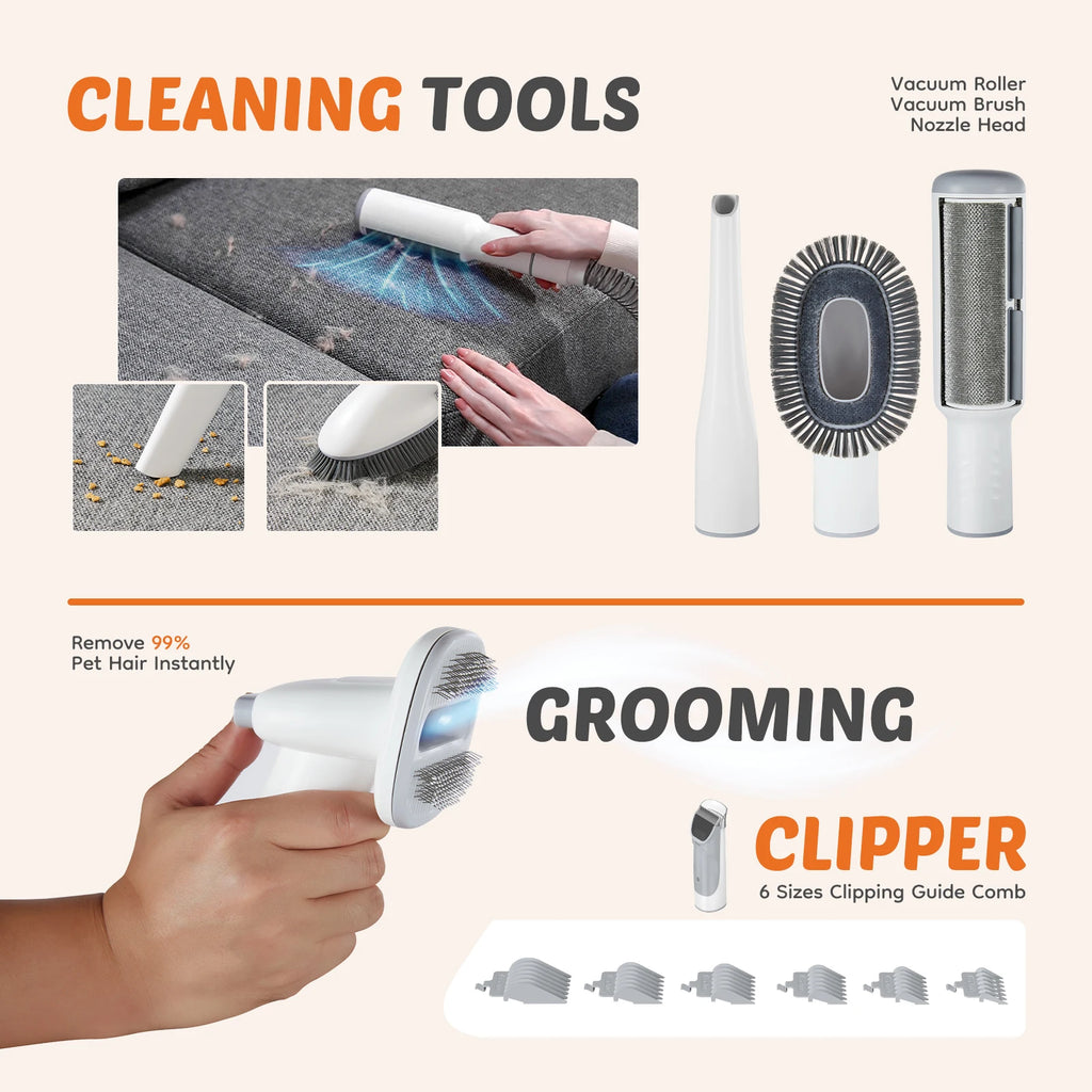 2.5L Professional Pet Grooming Vacuum Kit 3 Suction Modes and 5 Groomer Tools with Cordless Low Noise Clippers for Cats, Dogs and Rabbits