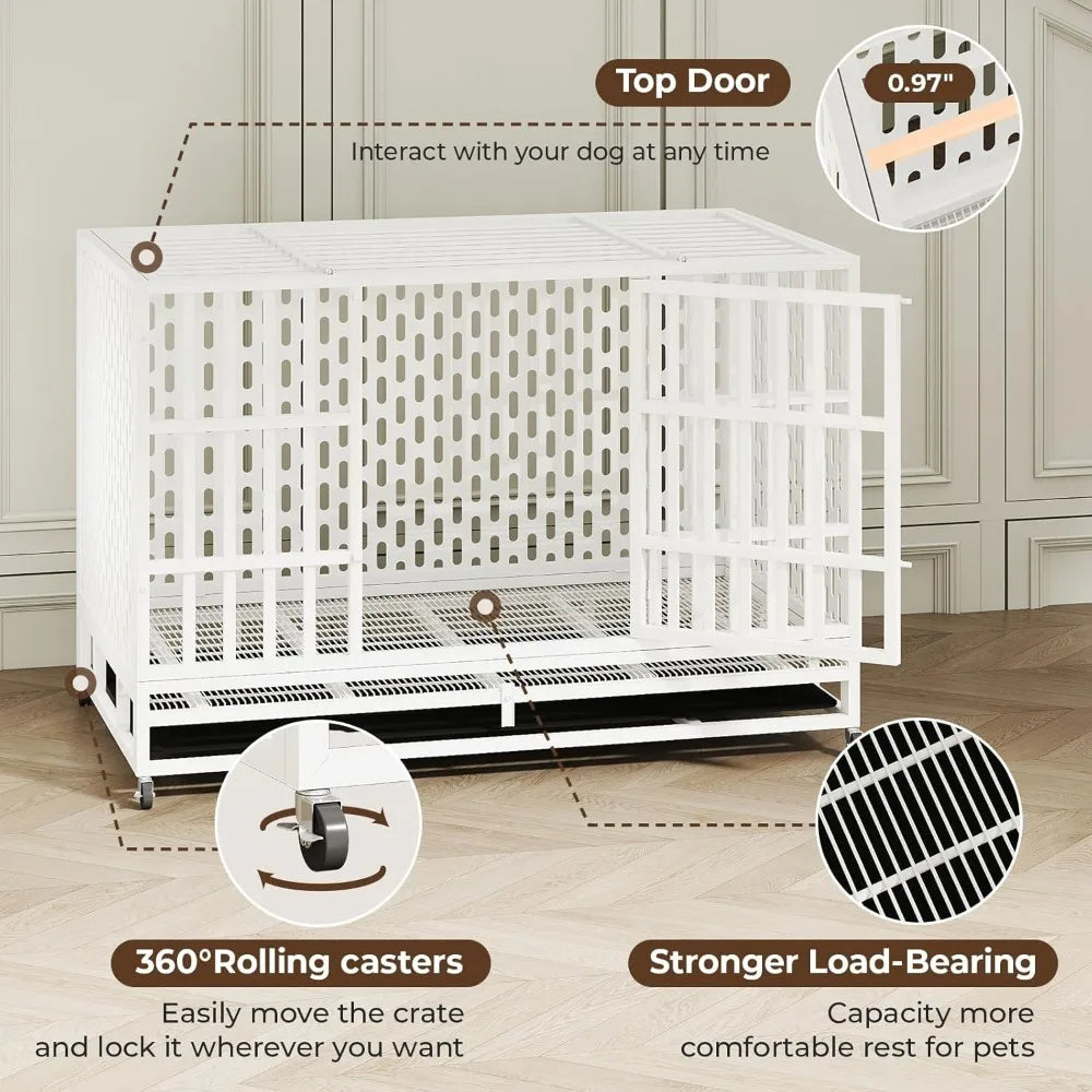 Rugged 48 Inch Steel Dog Crate for Indoor Use - Double Door, Wheeled, for High Anxiety Dogs