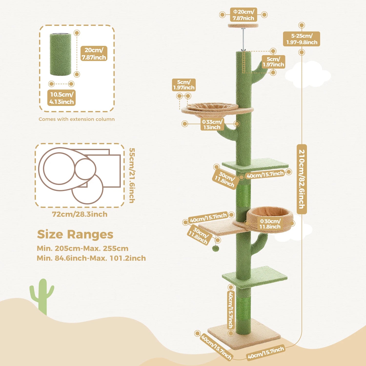 Cactus Cat Tree Floor to Ceiling Cat Tower with Sisal Scratching Post, Comfortable Hammock for Multi-Cat Homes