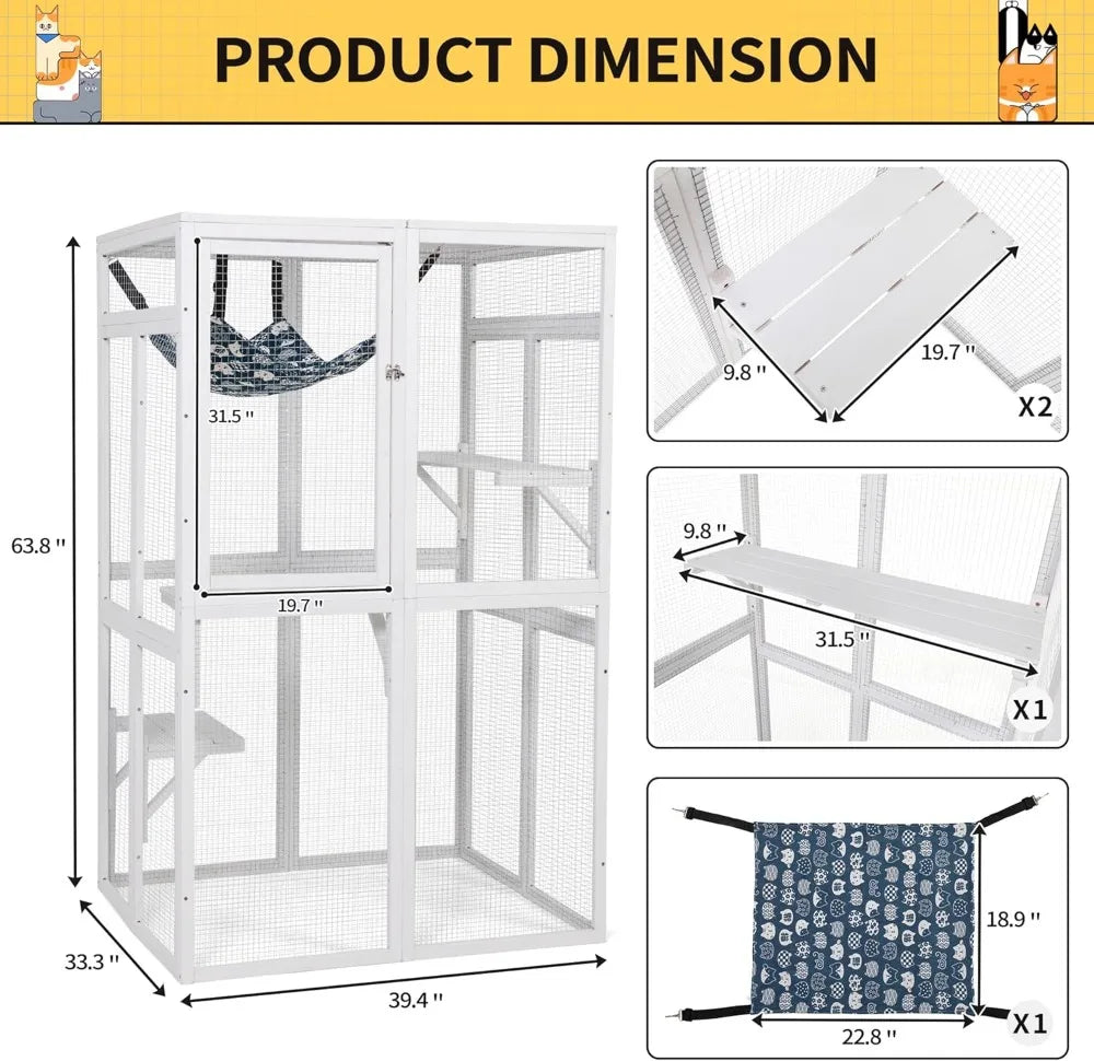Catio Outdoor Cat Enclosure, Wooden Catio with Window Access for Patio, White