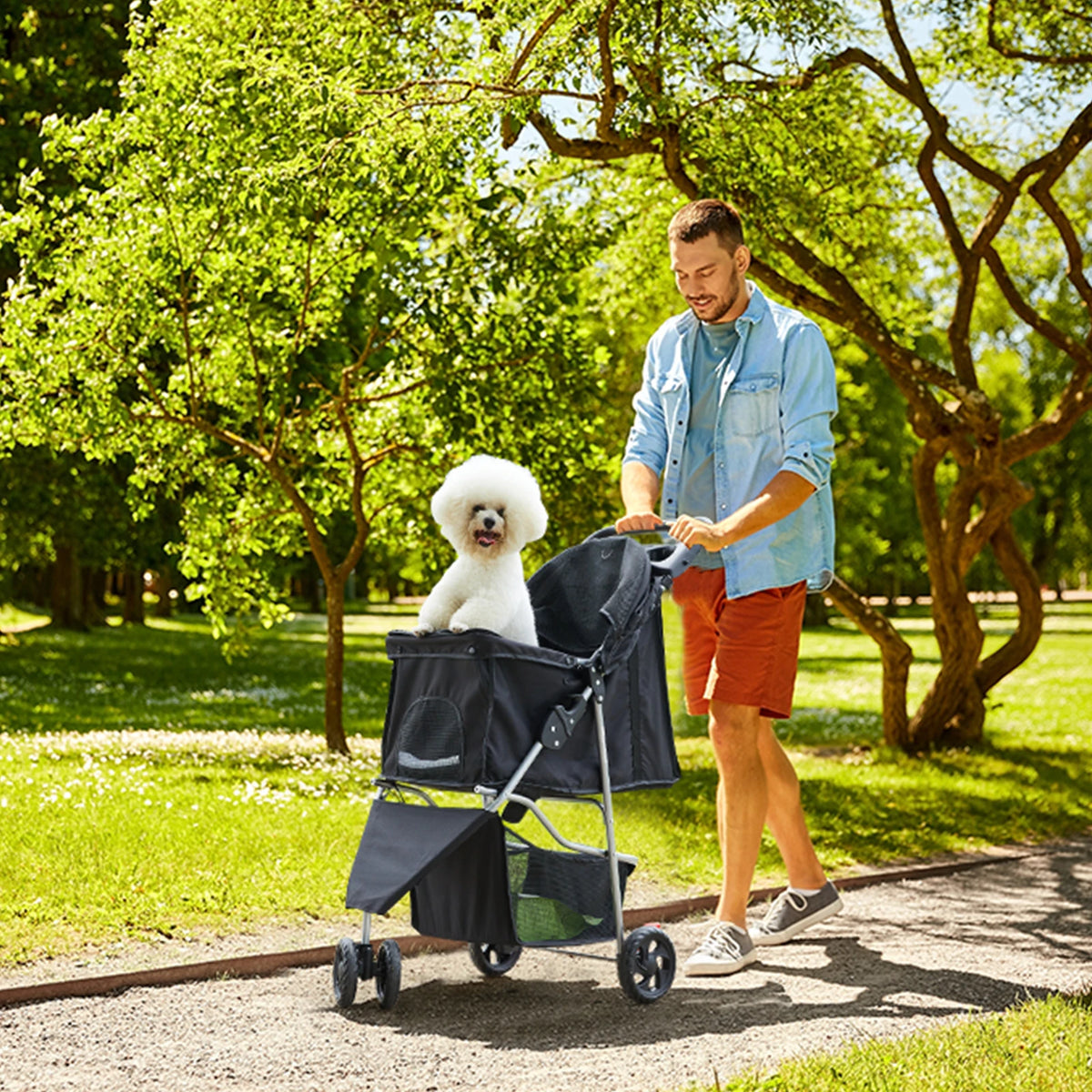 3 Wheels Foldable Pet Stroller for Small Dogs and Cats with Mesh Windows Storage Basket Cup Holder for Outdoor Use