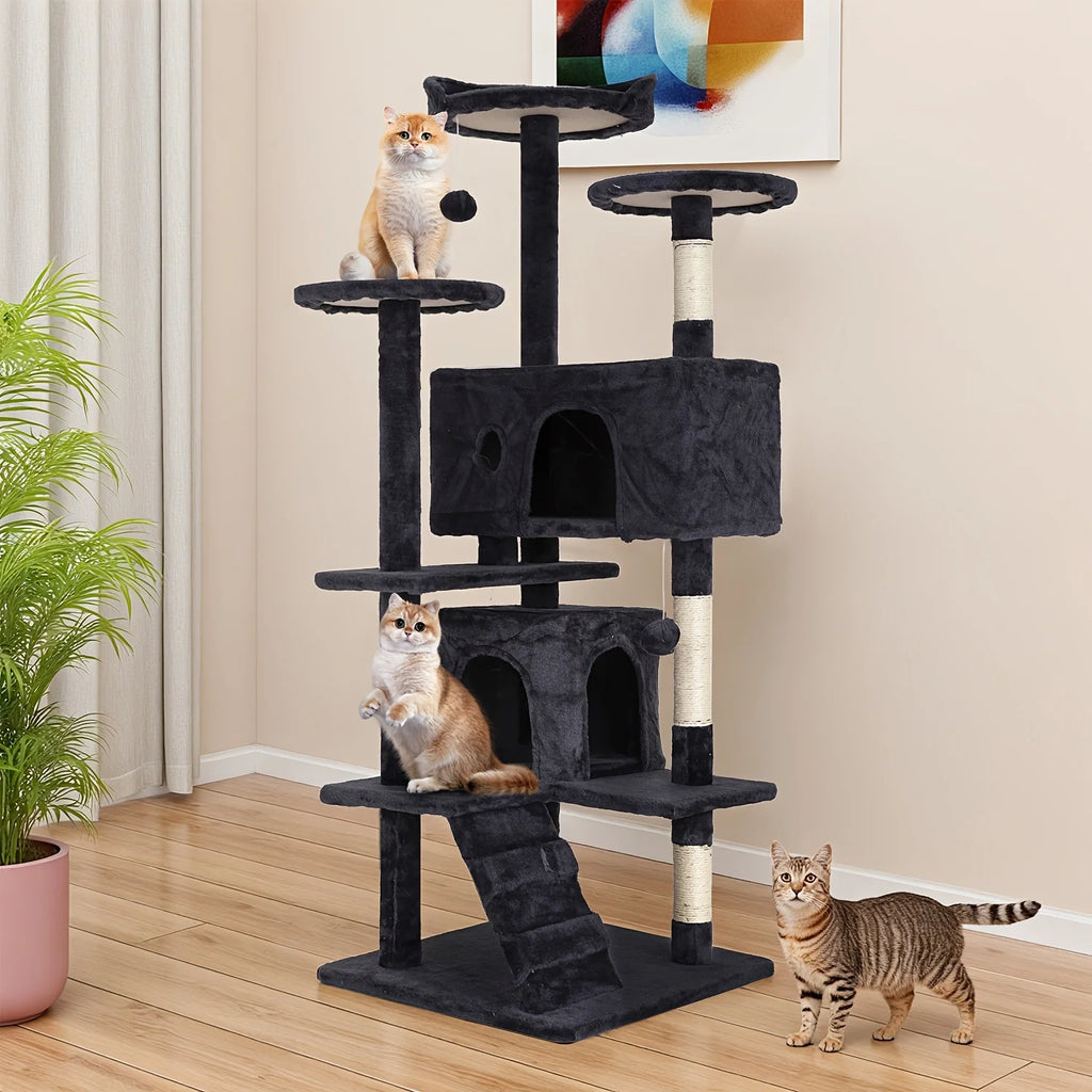 Cat Tree 54/70 Inch with Sisal-Covered Scratching Posts Dangling Ball for Cats to Play and Sleep