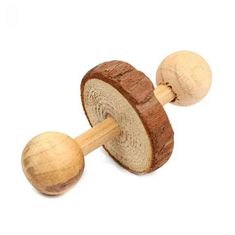 Cute Rabbit Roller Toys Natural Wooden Pine Dumbbell Unicycle Bell Chew Toys for Guinea Pigs Rat Small Pet