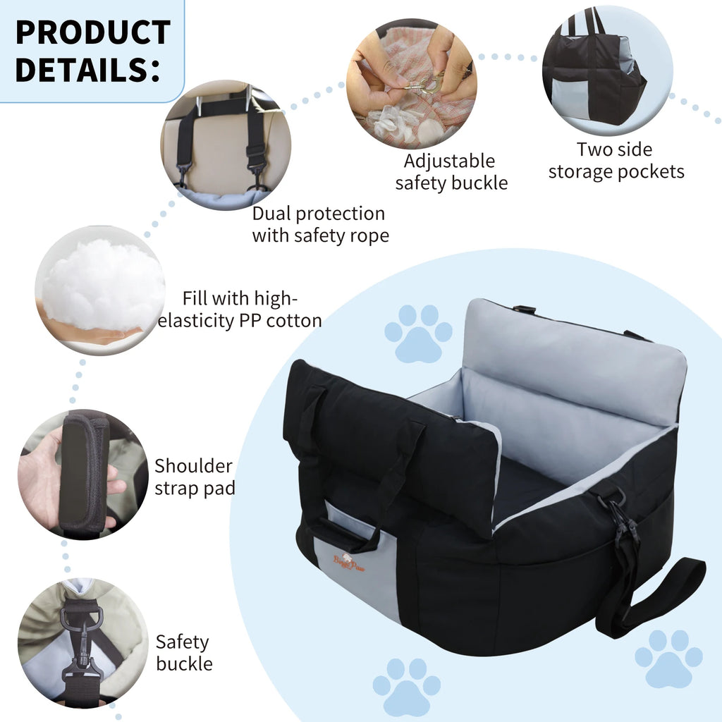 Portable Dog Car Seat Pet Booster Seat Travel Carrier Bed with Safety Belt Storage Pocket Removable Washable Cover